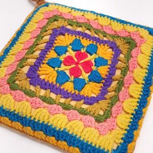 Vintage 12x12 Crocheted‎ Flower Throw Pillow 70's Cushion Cottagecore